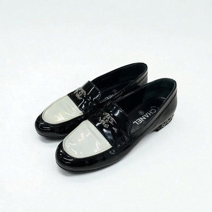 Chanel Loafers Leather Shoes Patent Black White Silver Here Mark Chain Flat
