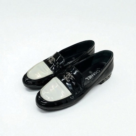 Chanel Loafers Leather Shoes Patent Black White Silver Here Mark Chain Flat