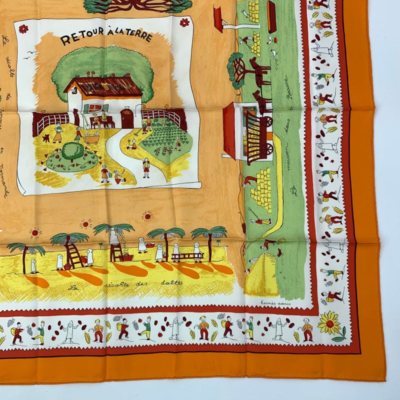 Hermes Carre 90 RE TOUR A LA Terre Homeward Silk Scarf Orange
