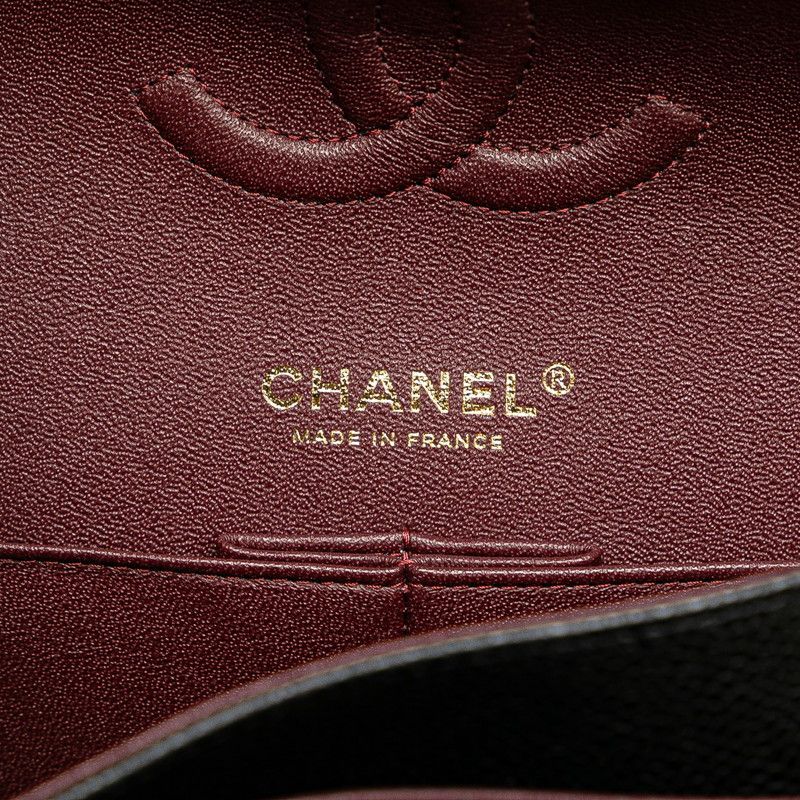 Chanel Matelasse 25 Coco Mark Double Flap Chain Shoulder Bag Black Caviar Skin