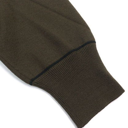 Hermes 100% Wool V-neck Bicolor Shoulder Border Pattern Knit Sweater Khaki