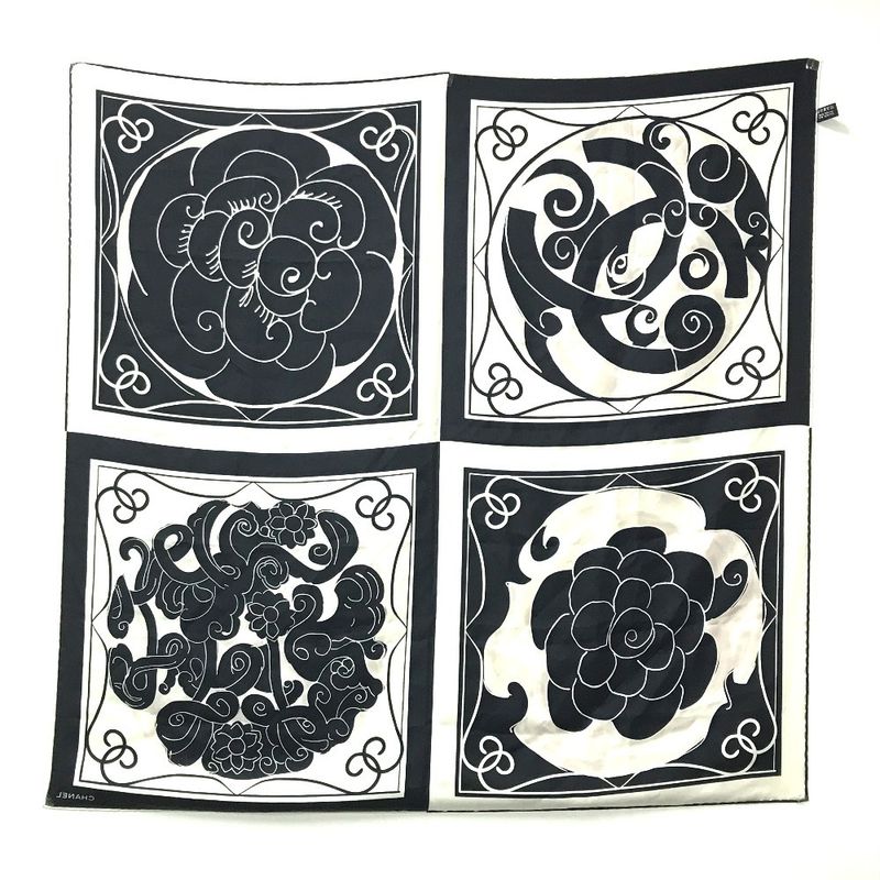Chanel Scarf Logo Camellia Silk Black