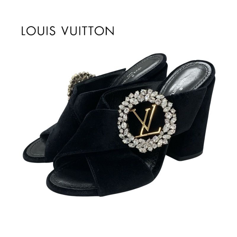 Louis Vuitton Sandals Shoes Velor Black LV Logo Bijou Mules