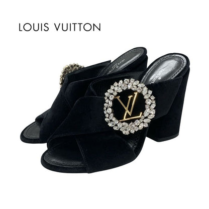 Louis Vuitton Sandals Shoes Velor Black LV Logo Bijou Mules