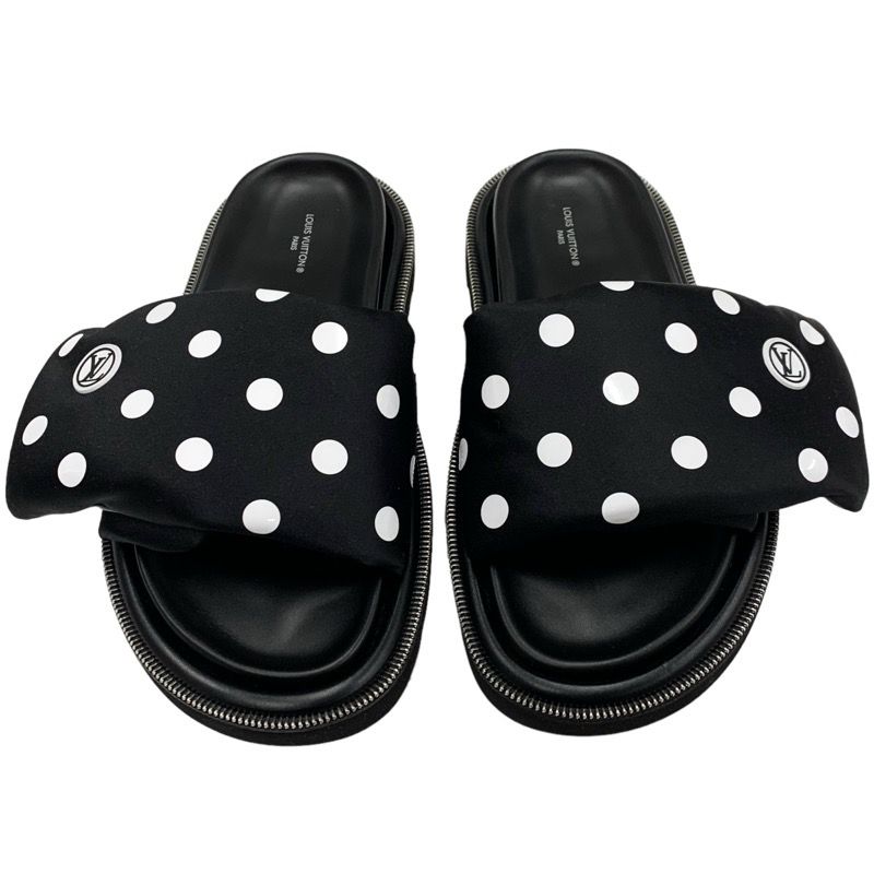 Louis Vuitton Pool Pillow Line Sandals Shoes Satin Black White Flat Sandals Dots