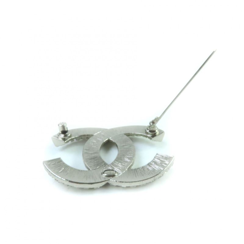 CHANEL A23V A63085 Rhinestone Coco Mark Brooch Accessory Silver With Box And