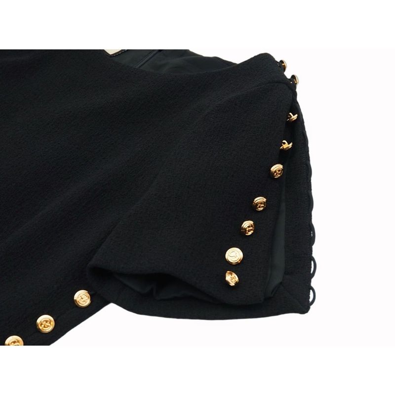 Gucci Wool Dress Short Sleeves Round Neck Slit Black Gold Tone GG Button #40