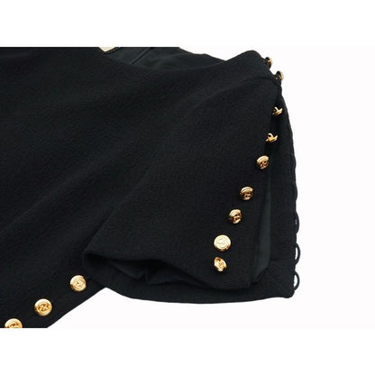 Gucci Wool Dress Short Sleeves Round Neck Slit Black Gold Tone GG Button #40