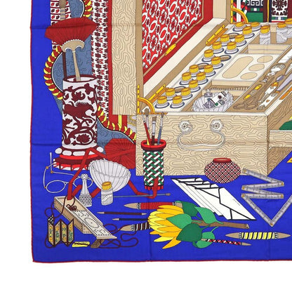 Hermes Carre 140 LES Tresors D UN Artiste Scarf Cashmere Silk Blue