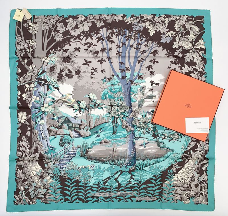 Hermes Rare Carre 90 New England Garden Green Scarf 100% Silk With Tags And Box