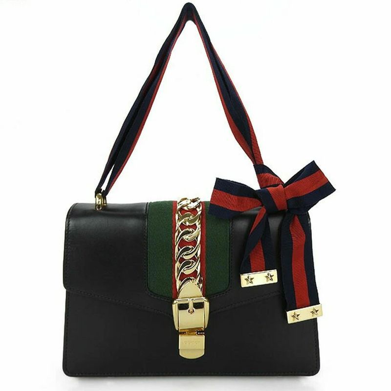 Gucci Shoulder Bag Sylvie Small 421882 Webline Leather Black Gold Hardware