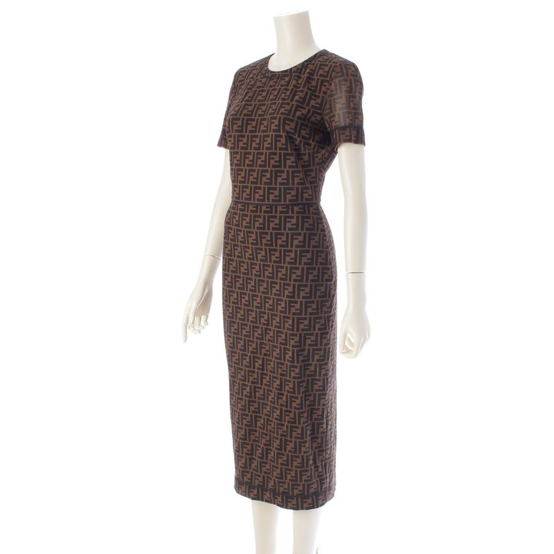 Fendi 19 Nylon Zucca Pattern Short Sleeve Crew Neck Long Dress Brown 38