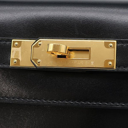 Hermes 2-Way Bag Kelly 28 Outer Stitch Box Calf Black Gold Hardware Black