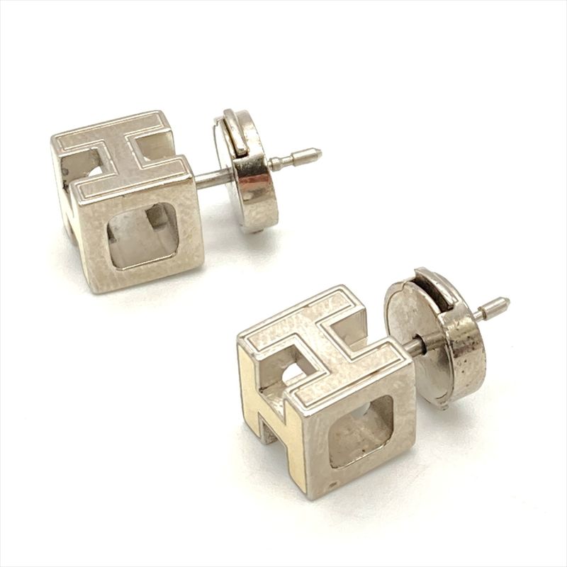 Hermes Caje Doache H Cube Earrings Metal Silver And White Unisex