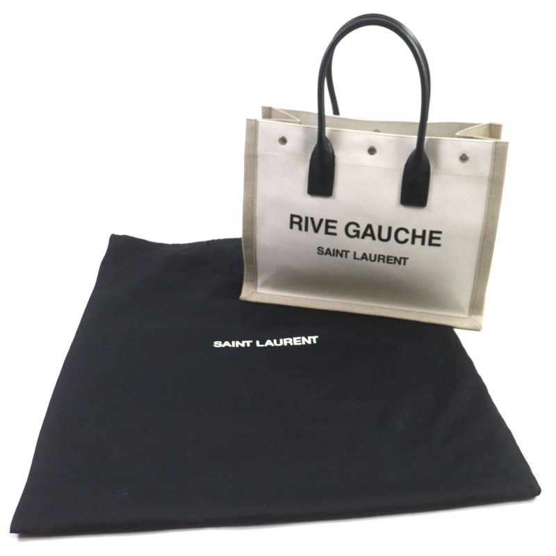  Saint Laurent Paris 617481 Rive Gauche Logo Canvas Leather Tote Bag Beige