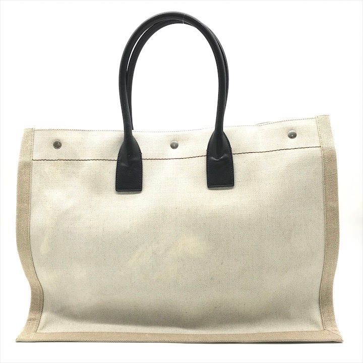 Saint Laurent Rive Gauche Canvas Leather Tote Beige Large Capacity Travel