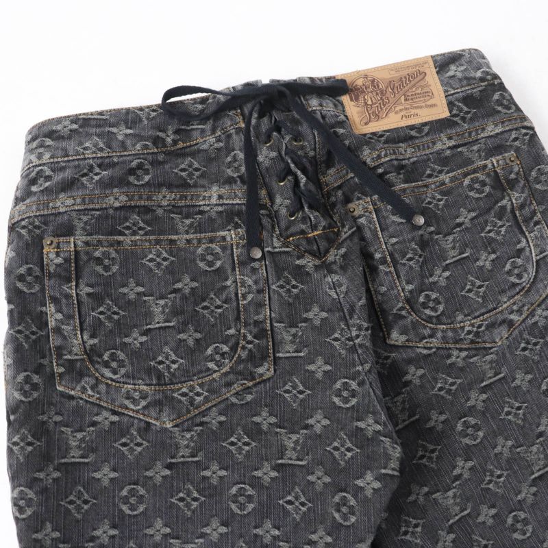Louis Vuitton 100% Cotton Monogram Denim Pants With Logo Button Indigo Black 38