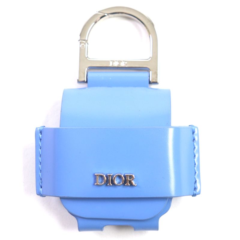 DIOR Om Leather Earphone Case With Logo Hardware Airpods Light Blue Silver