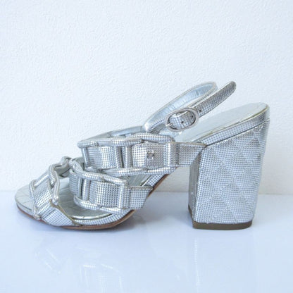 Good Chanel Chunky Heel Metallic Cles Zers Ring Back Sandals 35.5c Equivalent
