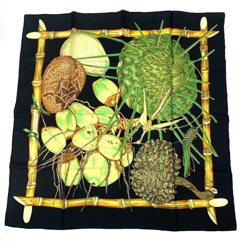 Hermes Carre 90 Jardin Creole Cles Or's Paradise Silk Scarf Black