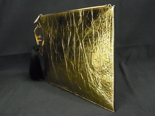 Fendi Leather Tassel Charm Clutch Bag Second Bag Handbag Gold Aw5135