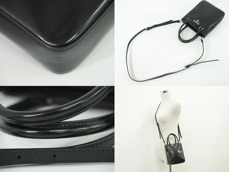 Authentic Prada Small Brushed Leather Tote 2WAY Shoulder Bag Handbag Pochette