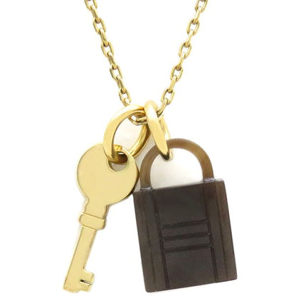 Hermes Necklace Amulet Padlock GM Buffalo Horn GP Brown and Gold Hardware