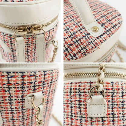 Chanel Vanity Case Chain Shoulder Coco Mark Tweed White Gold Hardware