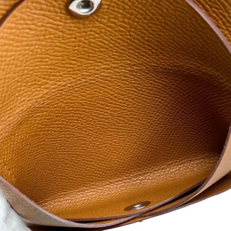 Hermes Card Case Coin Case Calvi Duo Engraved B Gold Brown Silver Hardware