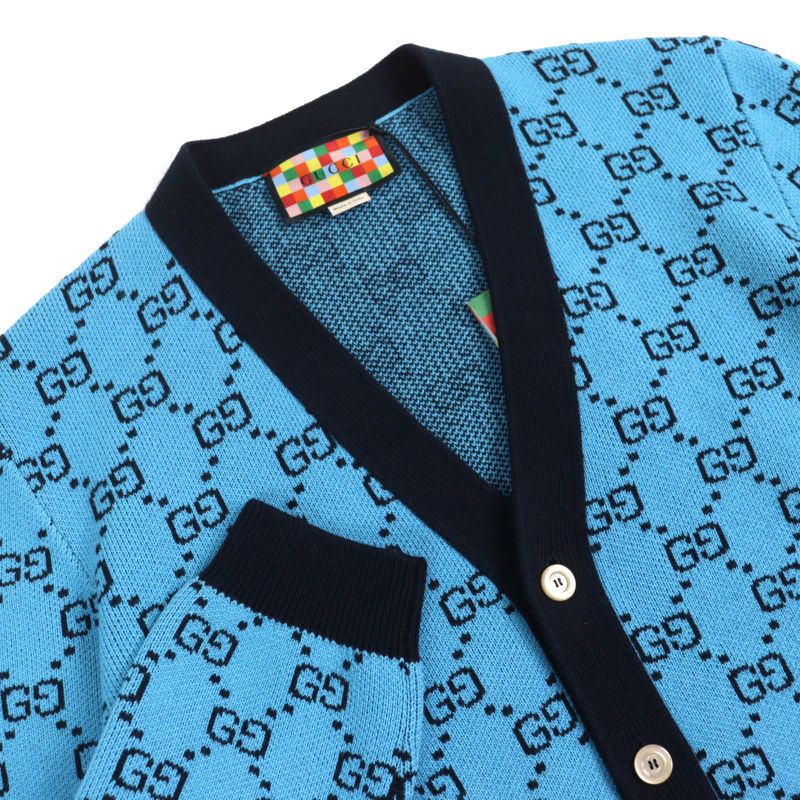 Gucci 2020 661156 Wool Cotton GG Pattern V-neck Logo Button Knit Cardigan Blue