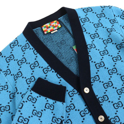 Gucci 2020 661156 Wool Cotton GG Pattern V-neck Logo Button Knit Cardigan Blue