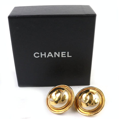 CHANEL Vintage 95P Coco Mark Faux Pearl Round Earrings Accessories For Both