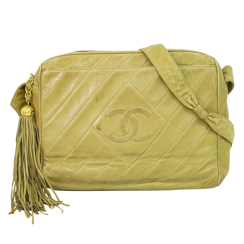 Authentic Chanel Coco Mark Tassel Shoulder Bag Pochette Lambskin Leather Beige