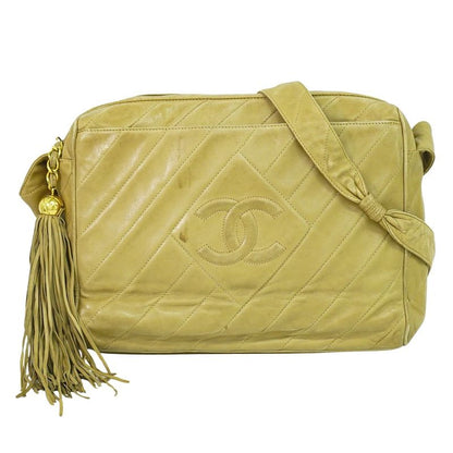 Authentic Chanel Coco Mark Tassel Shoulder Bag Pochette Lambskin Leather Beige