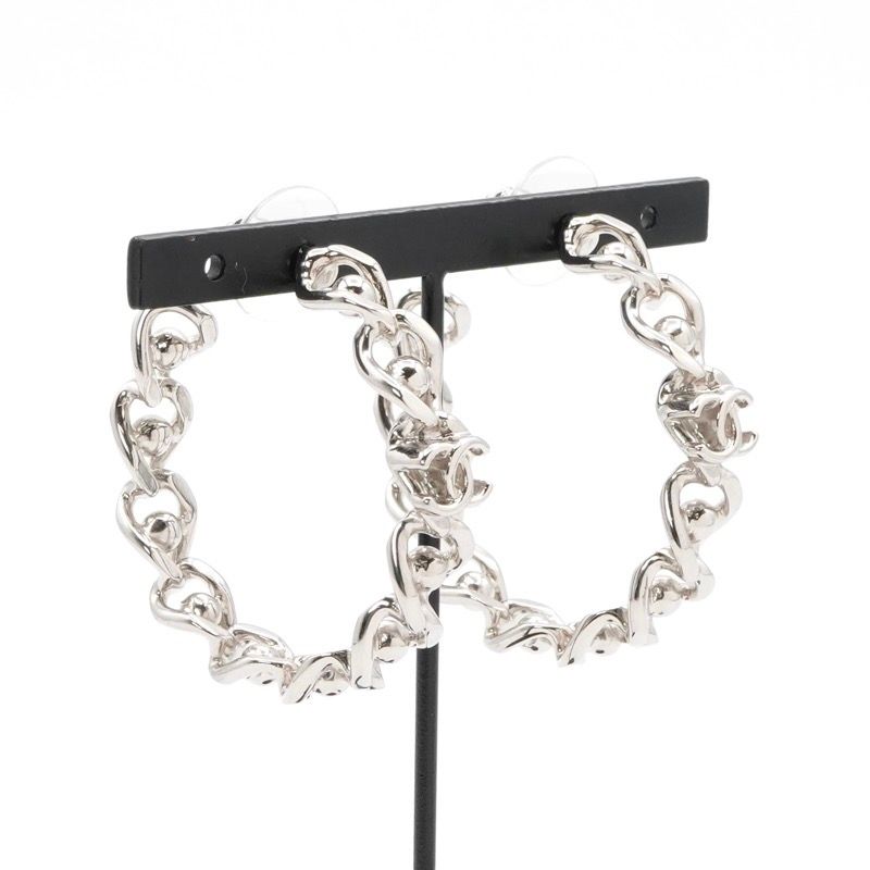 Chanel Earrings Earring Silver Coco Mark Hoop Earrings
