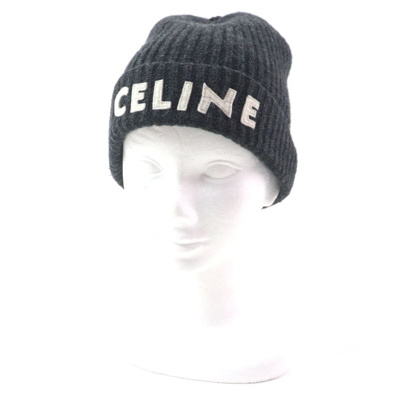 Celine 2a25r423p 100% Wool Current Product Hat With Logo Patch Dark Gray Made