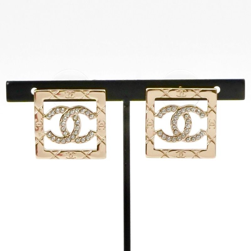 Chanel Earrings Earring Gold Coco Mark Square Matelasse Rhinestone