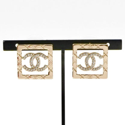 Chanel Earrings Earring Gold Coco Mark Square Matelasse Rhinestone