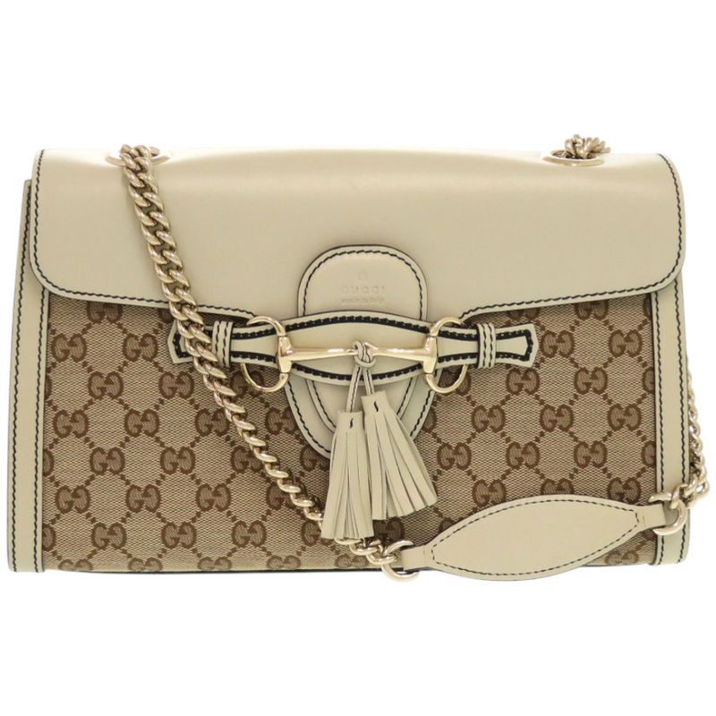 Gucci Emily Horsebit 295402 520931 GG Canvas Leather White Shoulder Bag 0526