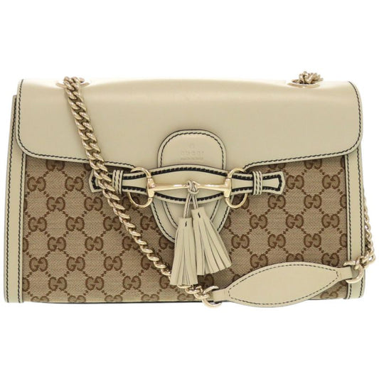 Gucci Emily Horsebit 295402 520931 GG Canvas Leather White Shoulder Bag 0526