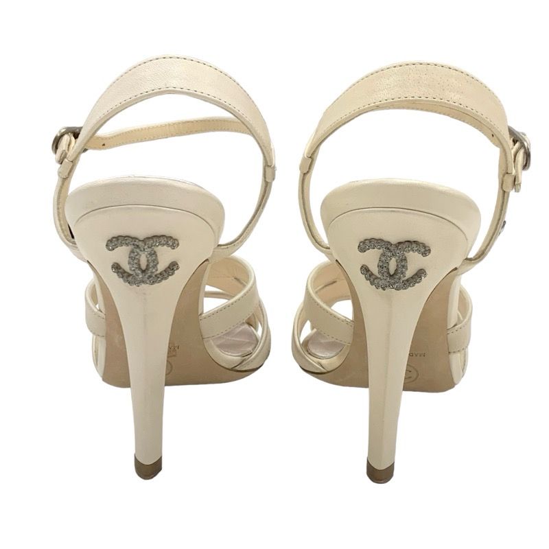 Chanel Sandals Shoes Leather Ivory Coco Mark Rhinestone