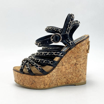 Chanel Chain Cork Wedge Sandals 34½ (equivalent to 21.5cm (8.46in)) Black