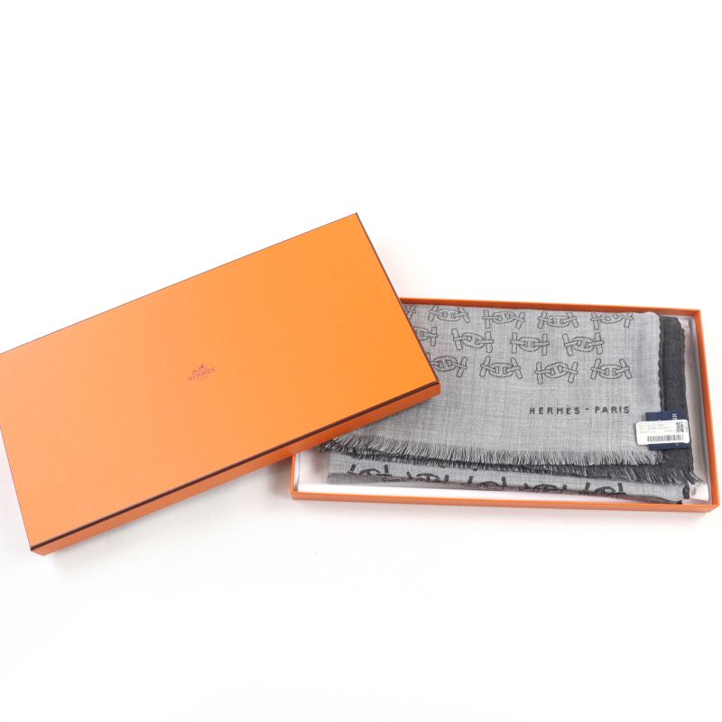 Hermes Mayon Rhythm Cashmere Silk Cendre/anthracit Fringed Large Shawl Scarf