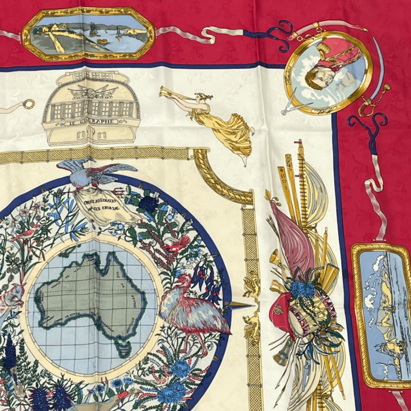 Hermes Carre 90 LE Geographe Geographer Red And Multicolor 100% Silk