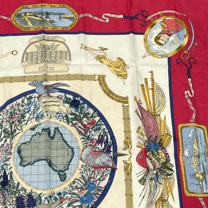 Hermes Carre 90 LE Geographe Geographer Red And Multicolor 100% Silk
