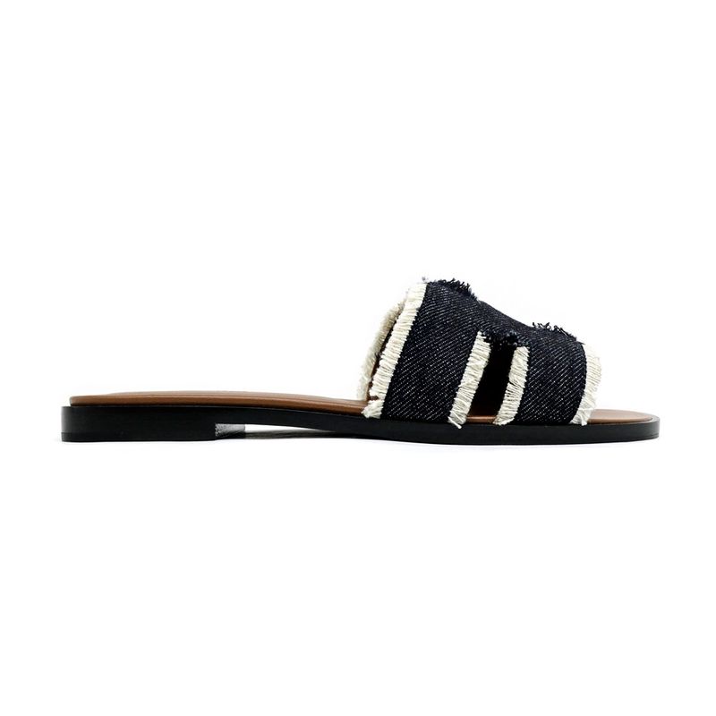 Hermes Oran Fringe BL Denim Navy-brown Size 36 Sandals Shoes Ladies