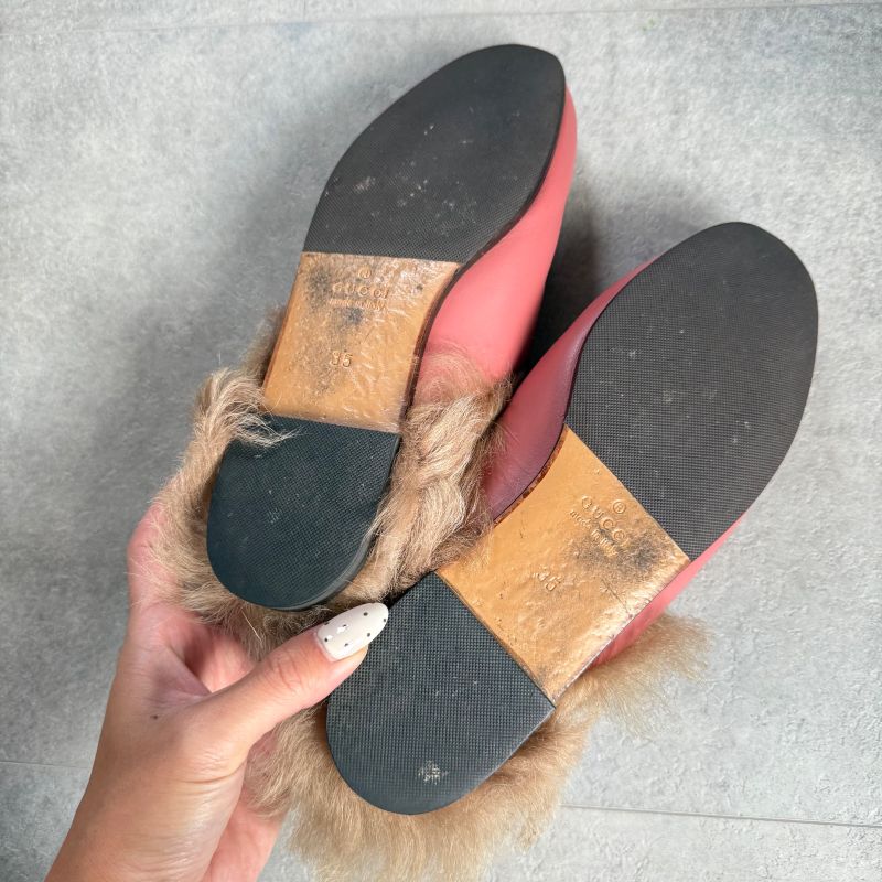 Gucci Prince Town Horsebit Loafer Sandal Fur Slip on Pink Gold Hardware Leather
