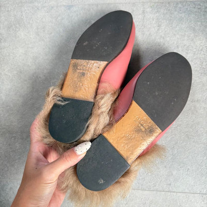 Gucci Prince Town Horsebit Loafer Sandal Fur Slip on Pink Gold Hardware Leather