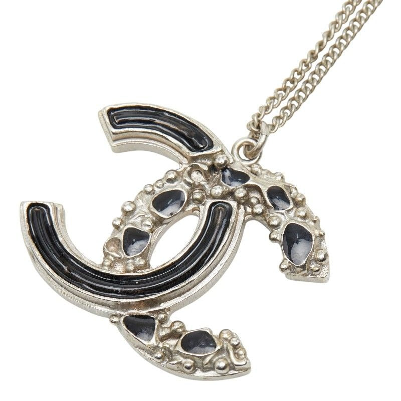 Chanel CC Logo Silver Black Metal Enamel Necklace