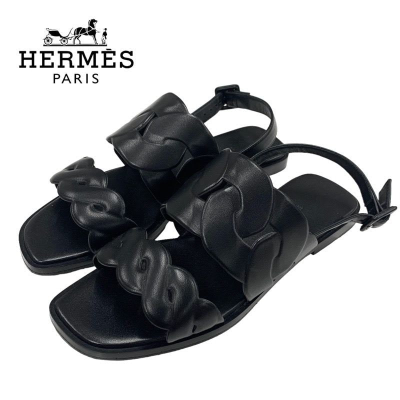 Hermes Grace Sandals Shoes Leather Black Flat